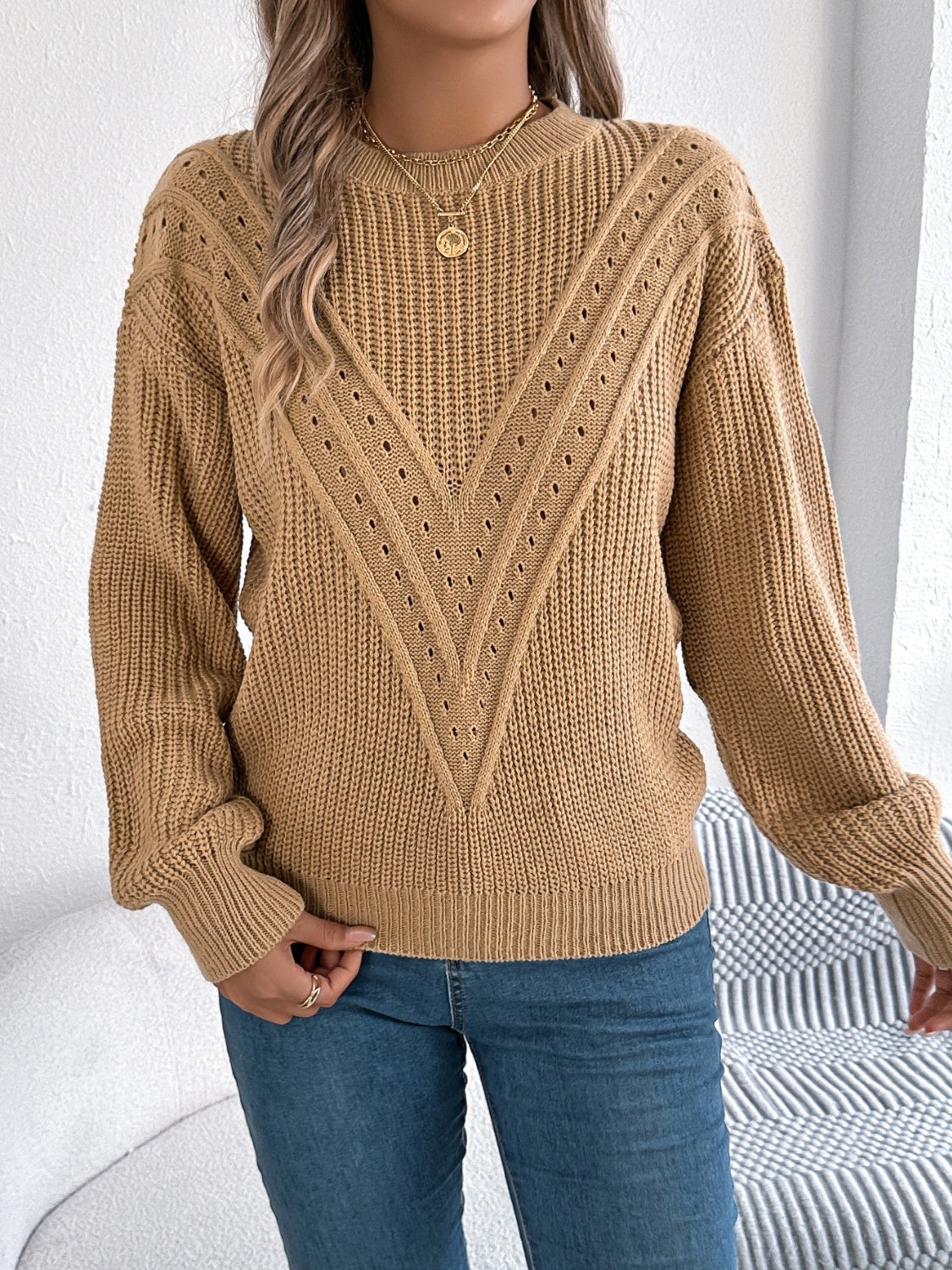 Openwork Round Neck Long Sleeve Sweater