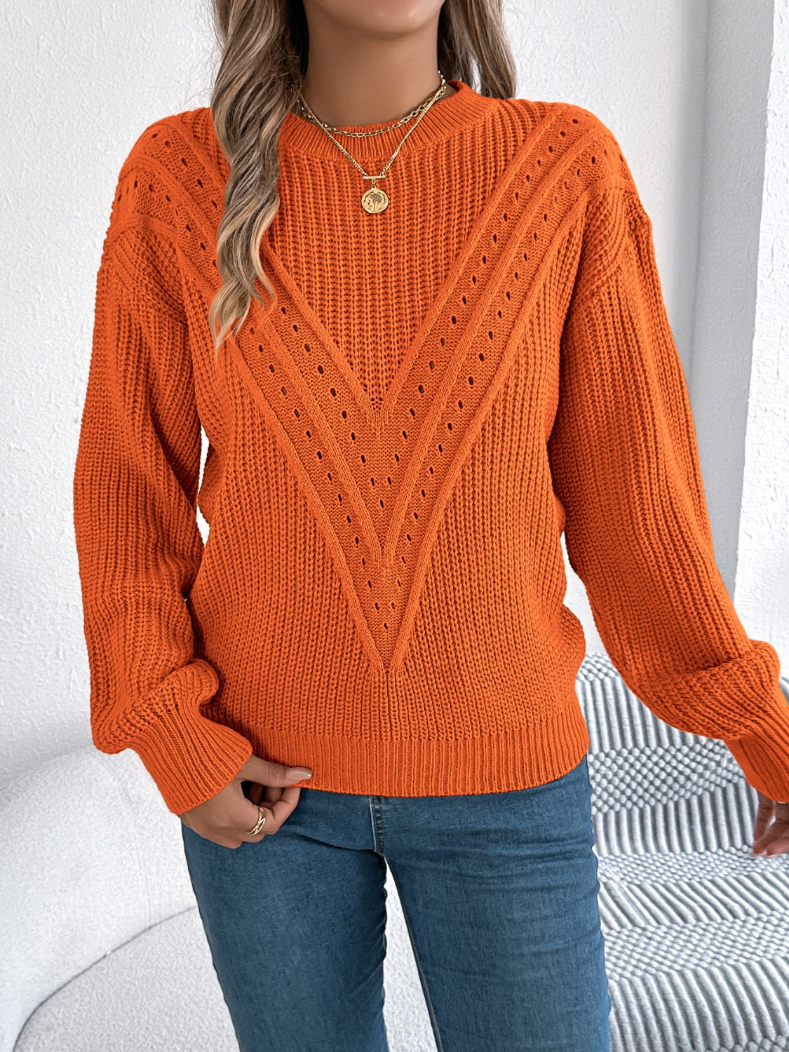 Openwork Round Neck Long Sleeve Sweater