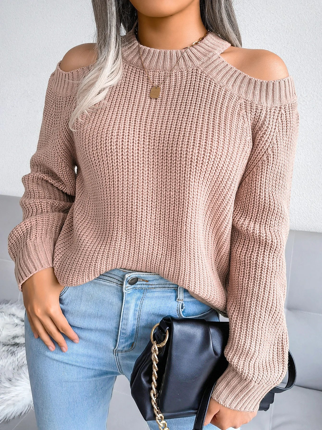 MTM Cut-Out Shoulder Crew Neck Knitted Sweater