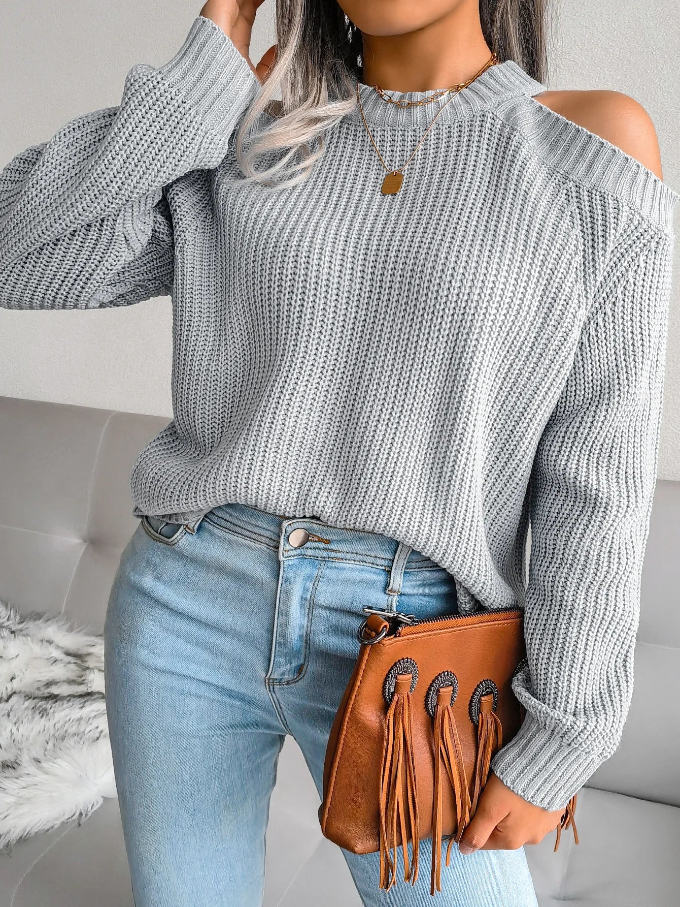 MTM Cut-Out Shoulder Crew Neck Knitted Sweater