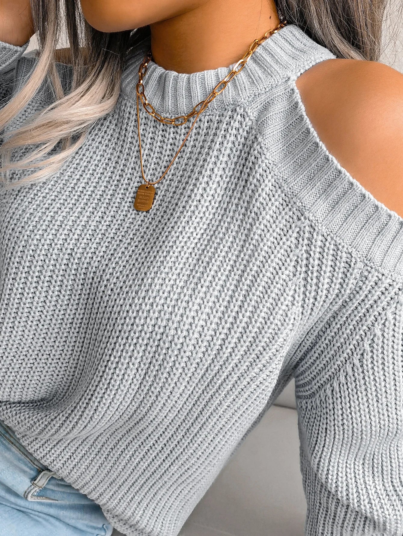 MTM Cut-Out Shoulder Crew Neck Knitted Sweater