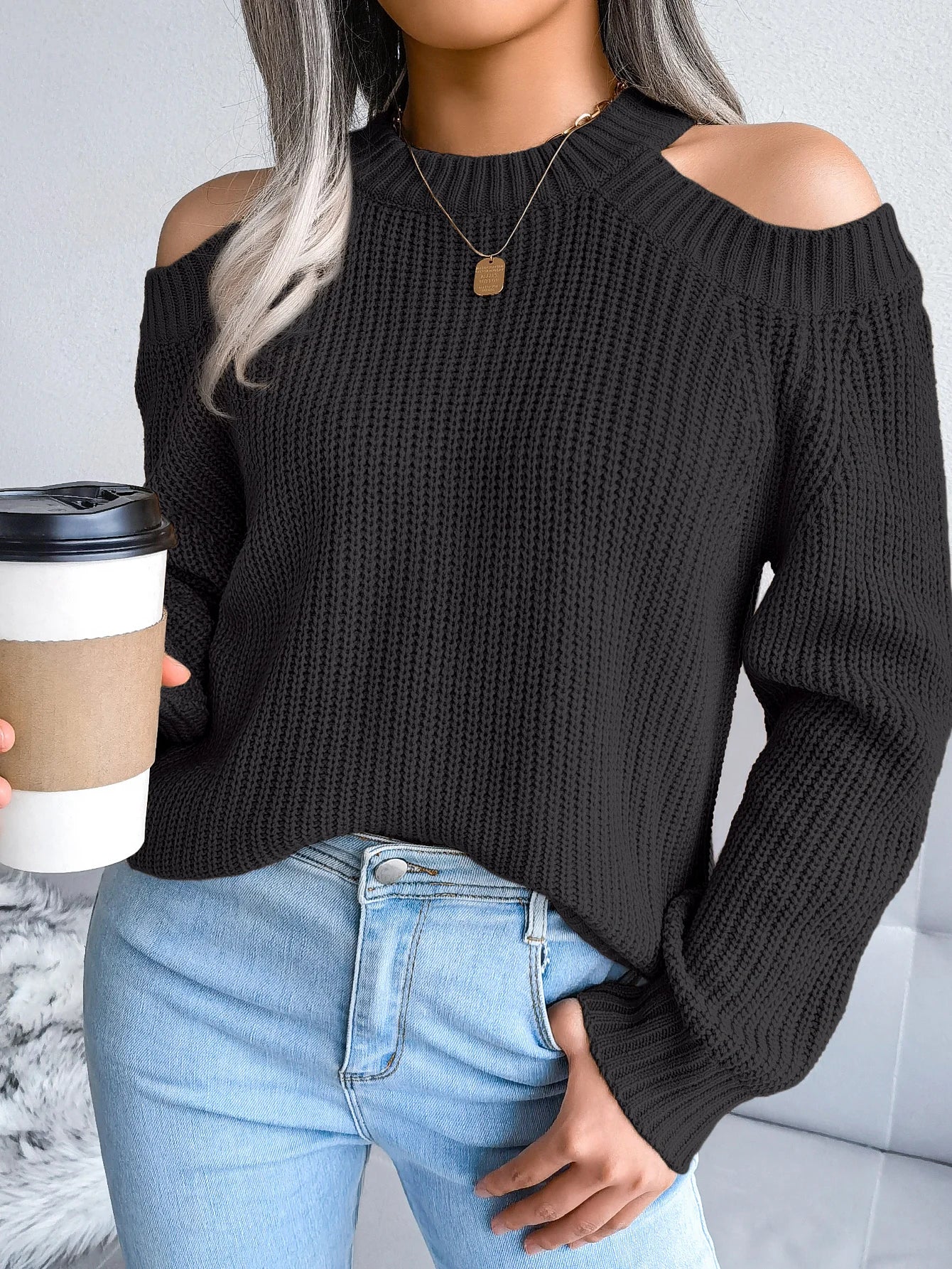 MTM Cut-Out Shoulder Crew Neck Knitted Sweater