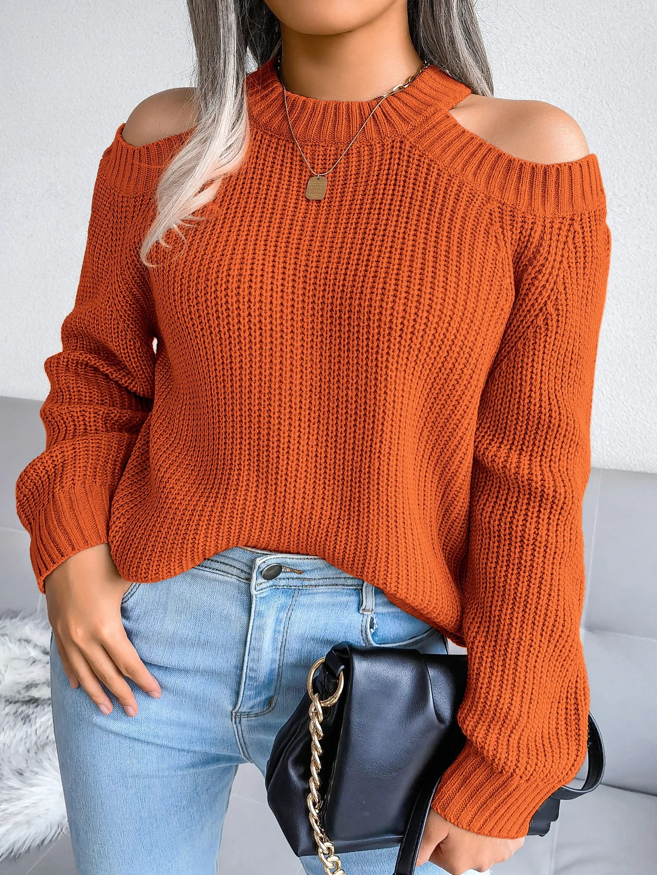 MTM Cut-Out Shoulder Crew Neck Knitted Sweater