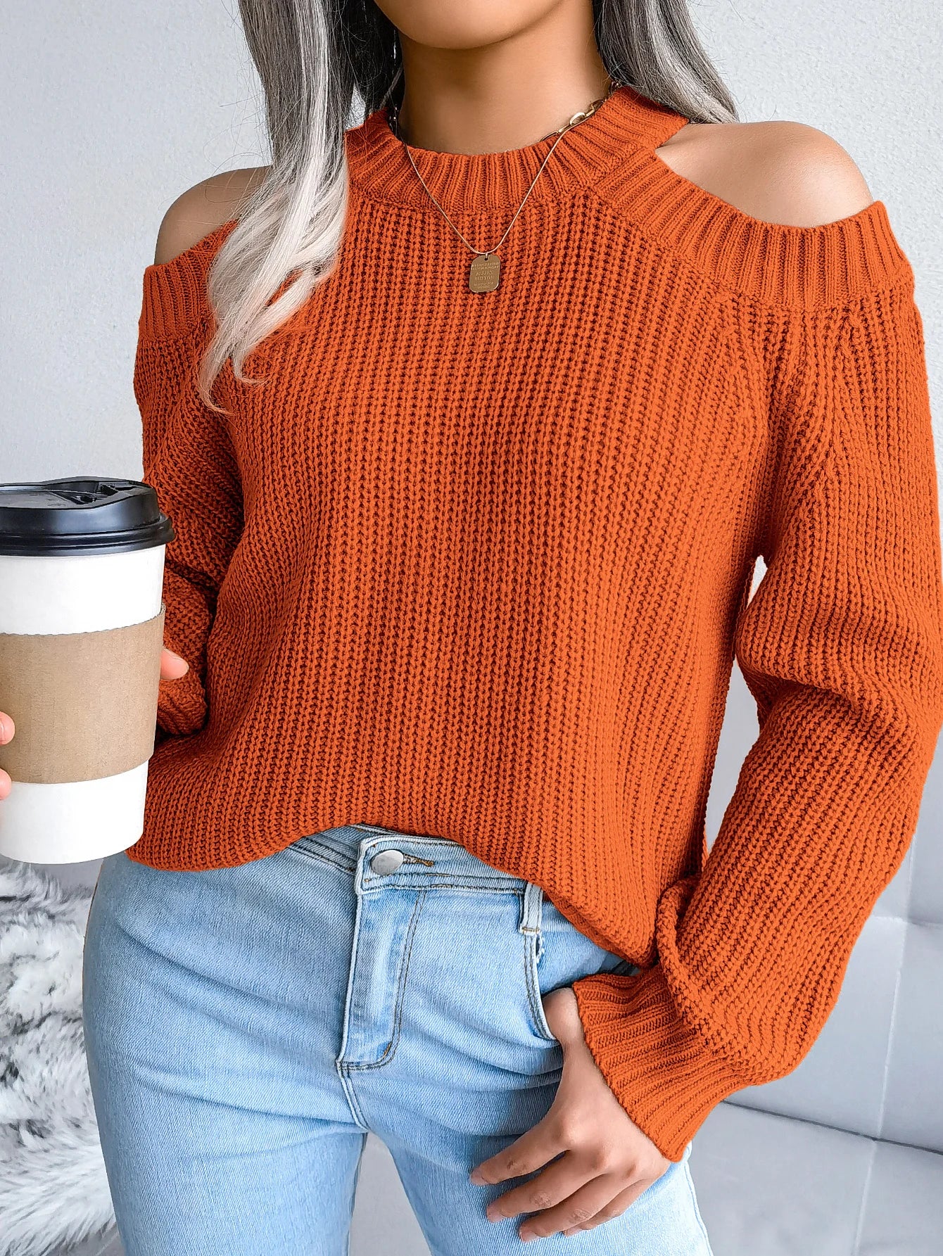 MTM Cut-Out Shoulder Crew Neck Knitted Sweater