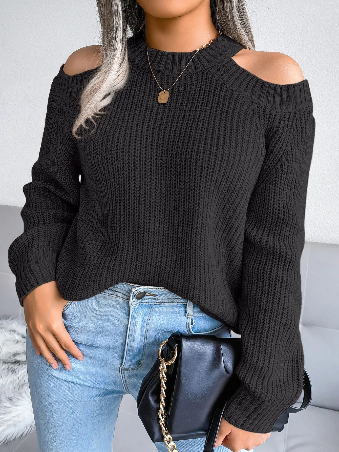 MTM Cut-Out Shoulder Crew Neck Knitted Sweater