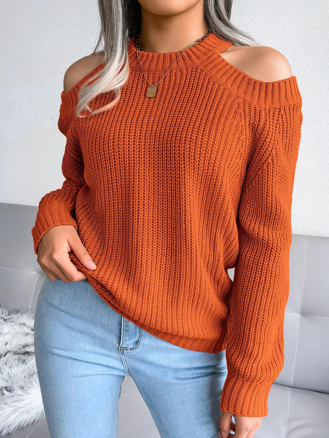 MTM Cut-Out Shoulder Crew Neck Knitted Sweater
