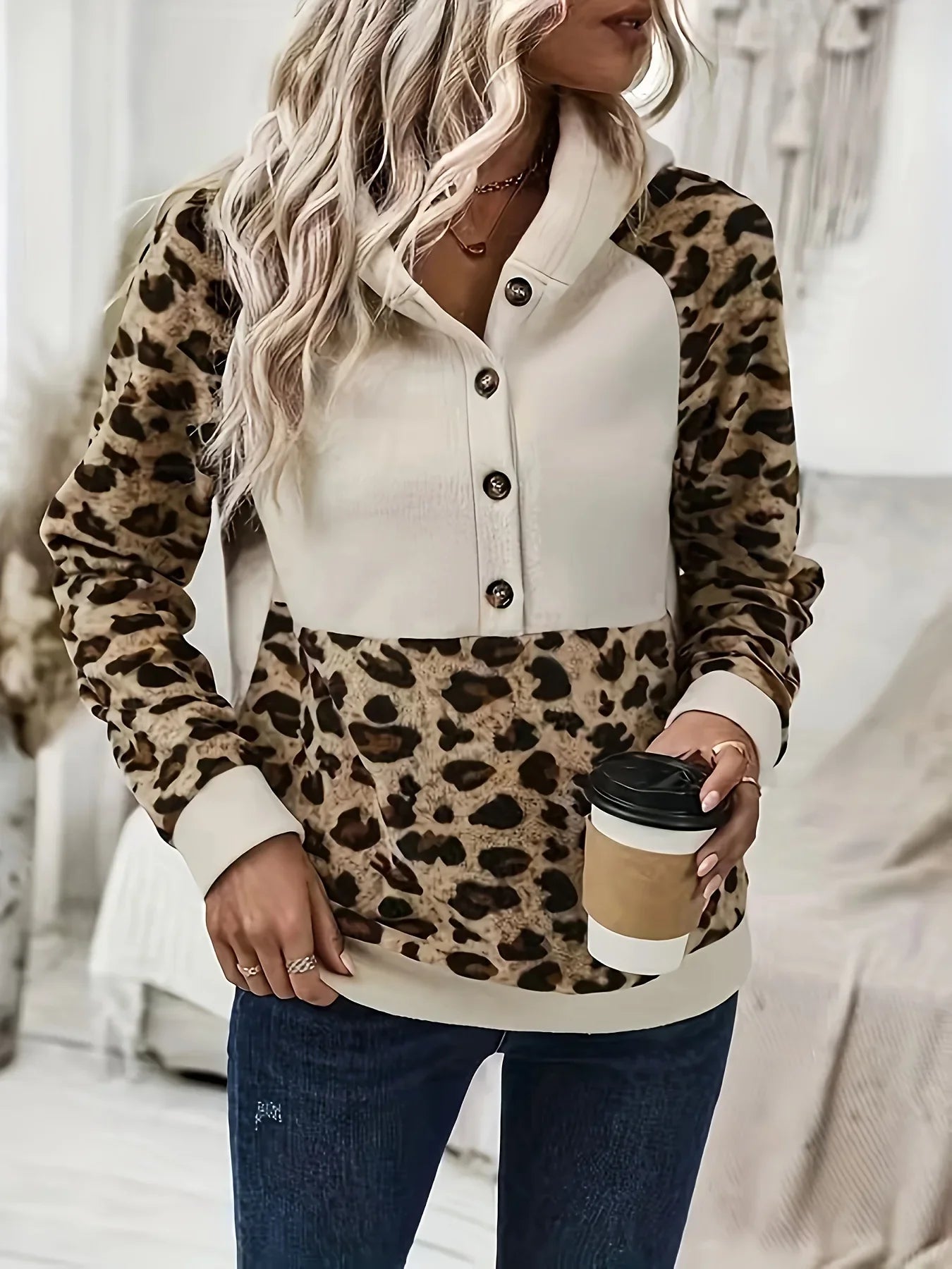 MTM Leopard Print Front Button-Up Hoodie
