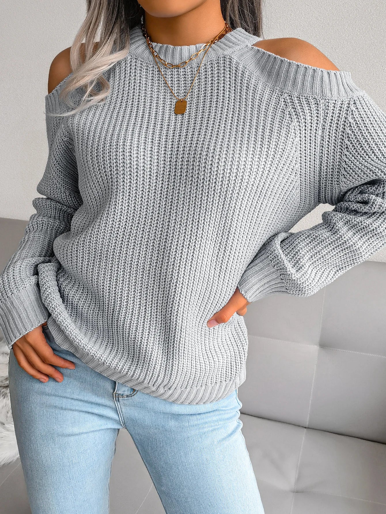 MTM Cut-Out Shoulder Crew Neck Knitted Sweater