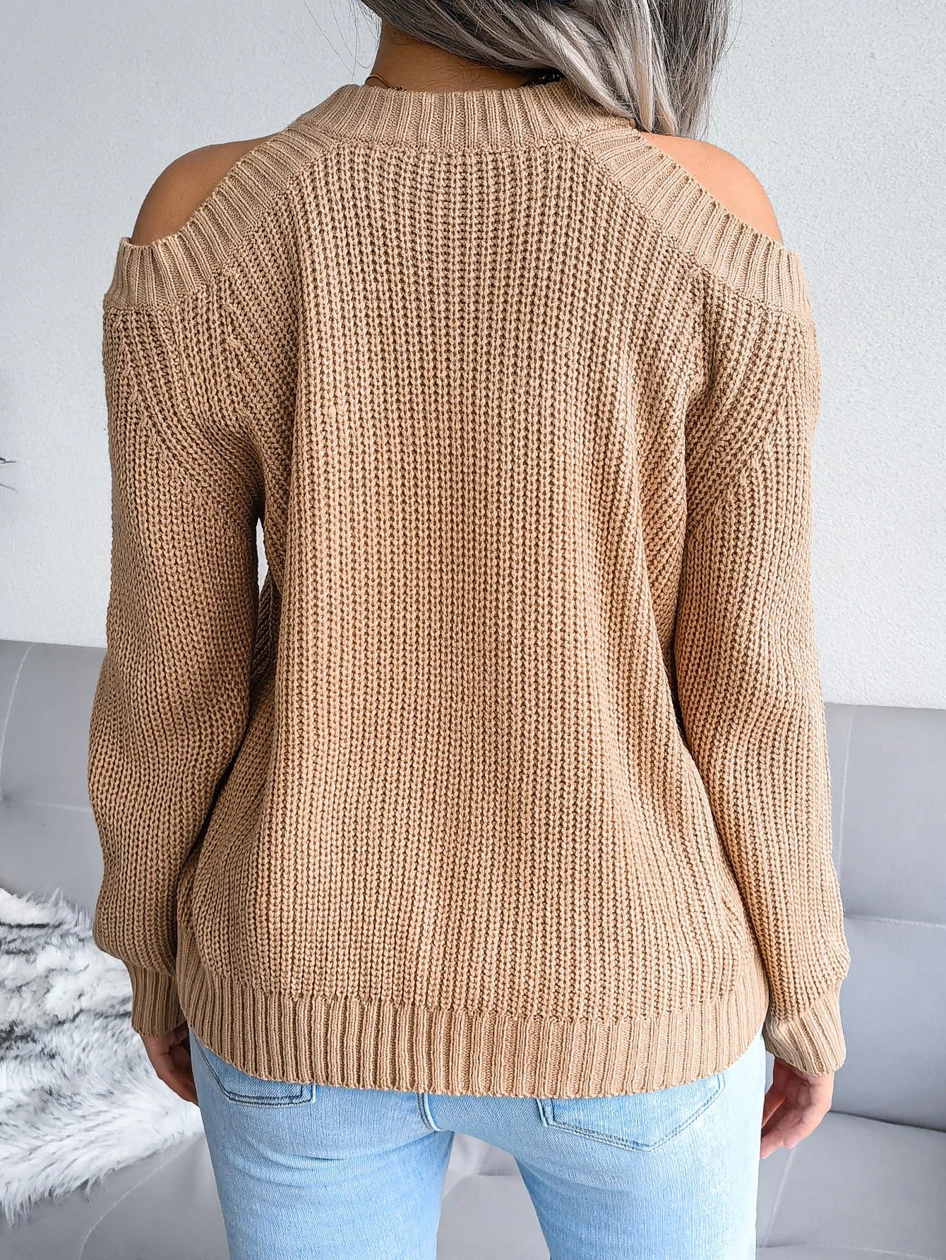 MTM Cut-Out Shoulder Crew Neck Knitted Sweater